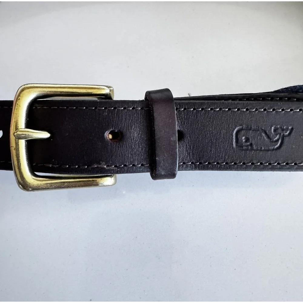 Vineyard Vines Starfish Canvas Belt Boys Size 30 Navy Blue Leather Trim‎ Preppy